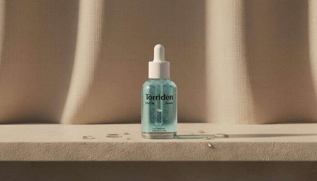 Torriden Dive-In hyaluronic acid serum bottle on a stone bathroom shelf