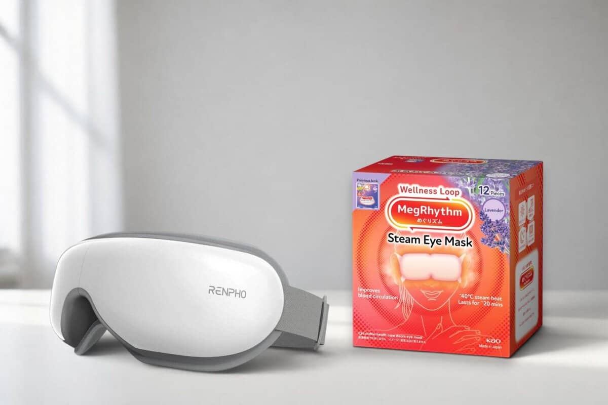RENPHO heated eye mask and Kao MegRhythm lavender steam eye masks on a white table