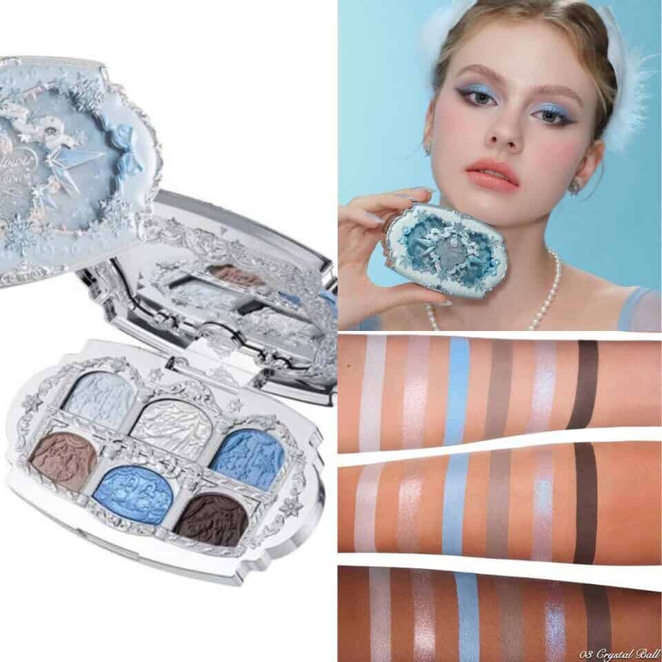 Flower Knows Snow Ballet Six-Color Satin Makeup Palette 03 Crystal Ball with swatches