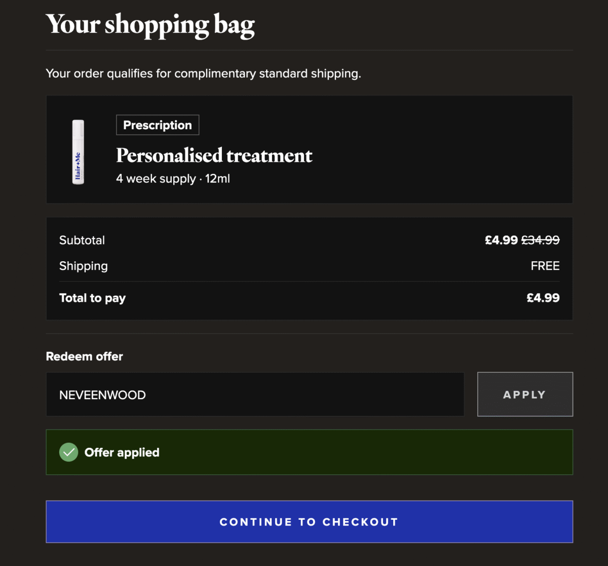 Hair + Me with the discount code NEVEENWOOD applied, showing the discounted first month price of GBP 4.99 instead of the usual GBP 34.99