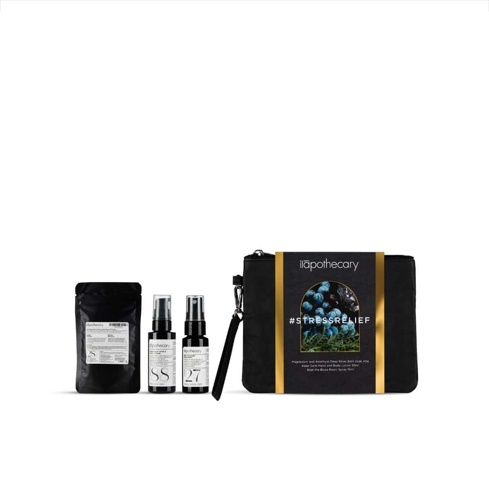 ilapothecary StressRelief Set with hand and body lotion, room spray and bath soak in a clutch bag