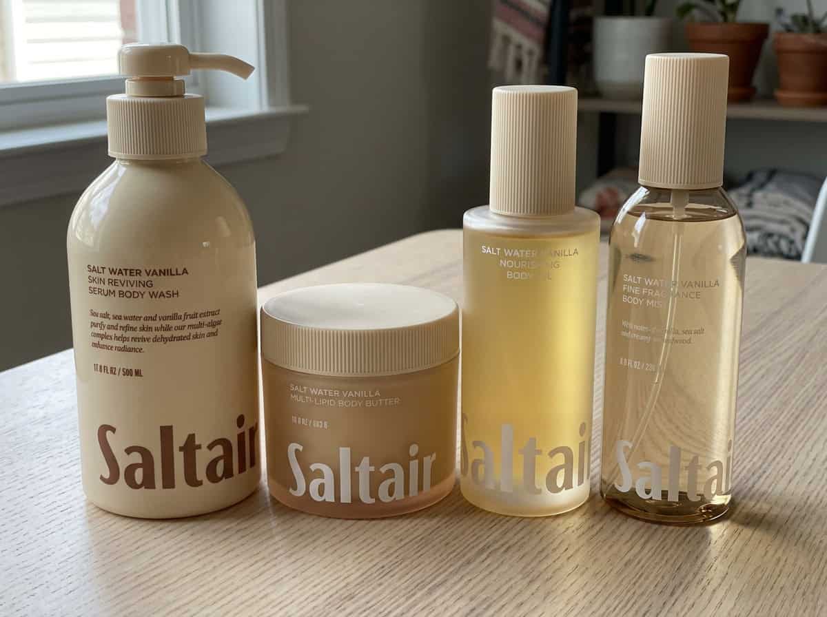 Saltair Salt Water Vanilla body wash, body butter, body oil and body mist on a table