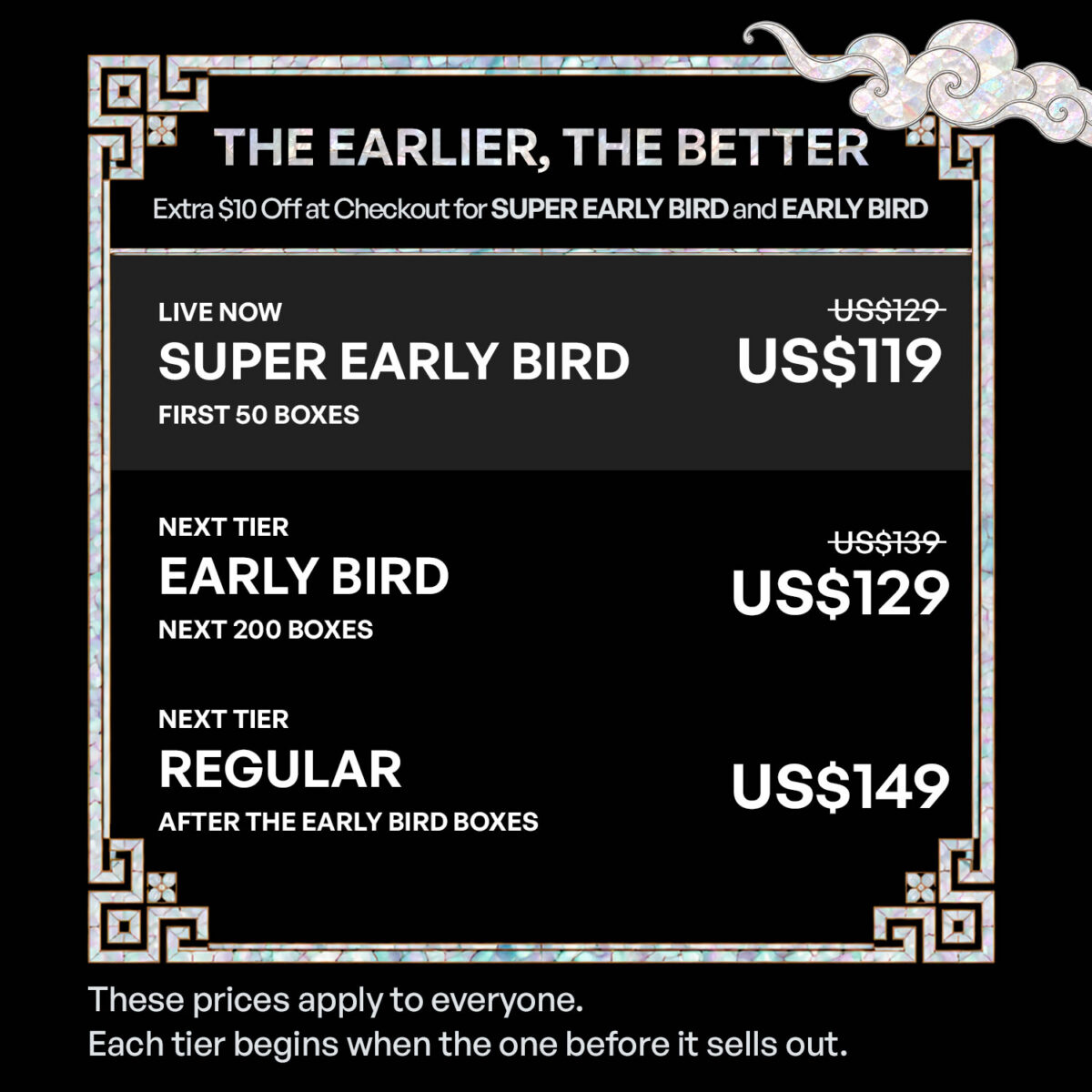 SkinSeoul advent calendar launch tiers: Super Early Bird, Early Bird and Regular