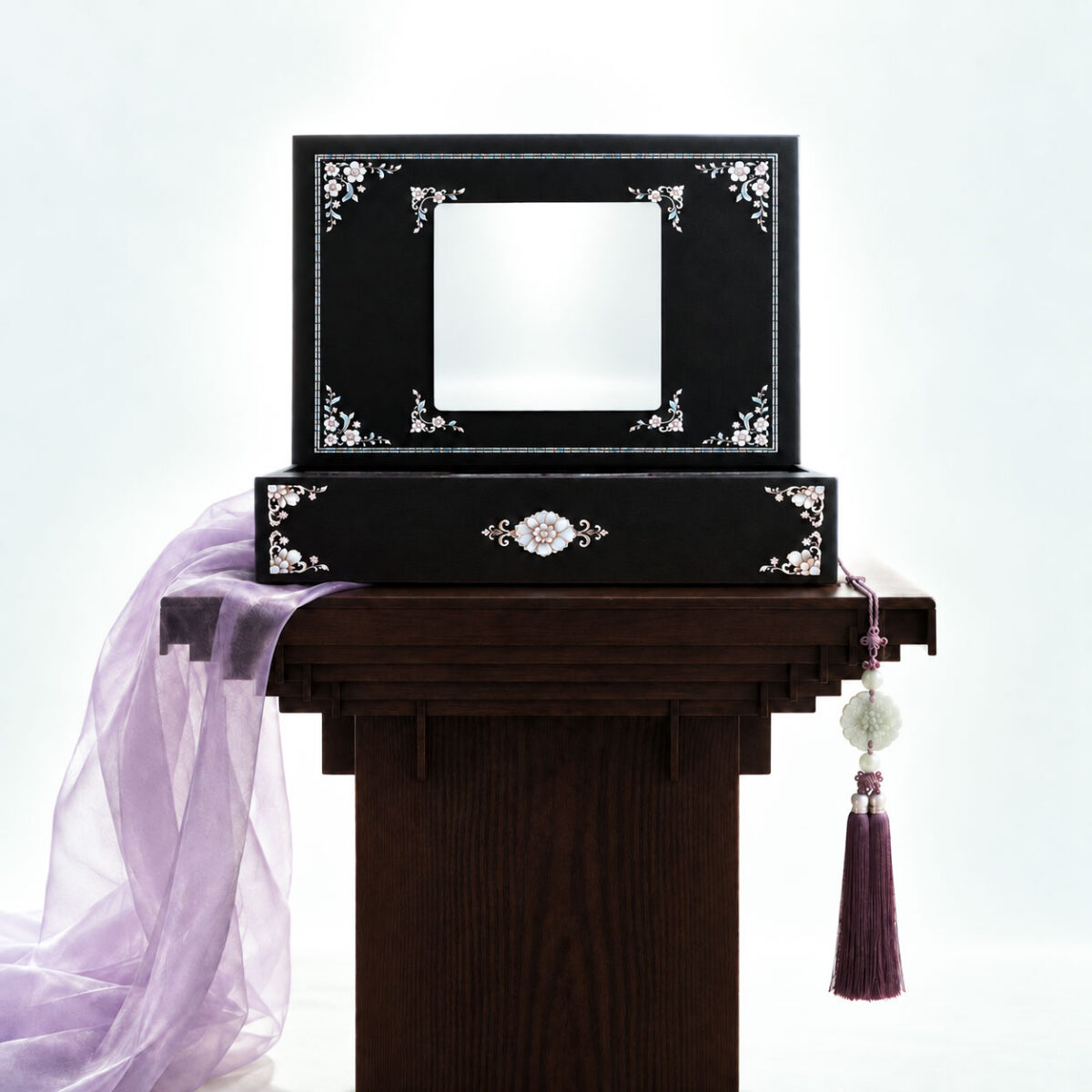The SkinSeoul Joseon Cabinet advent calendar box with its mirrored lid and mother-of-pearl style finish