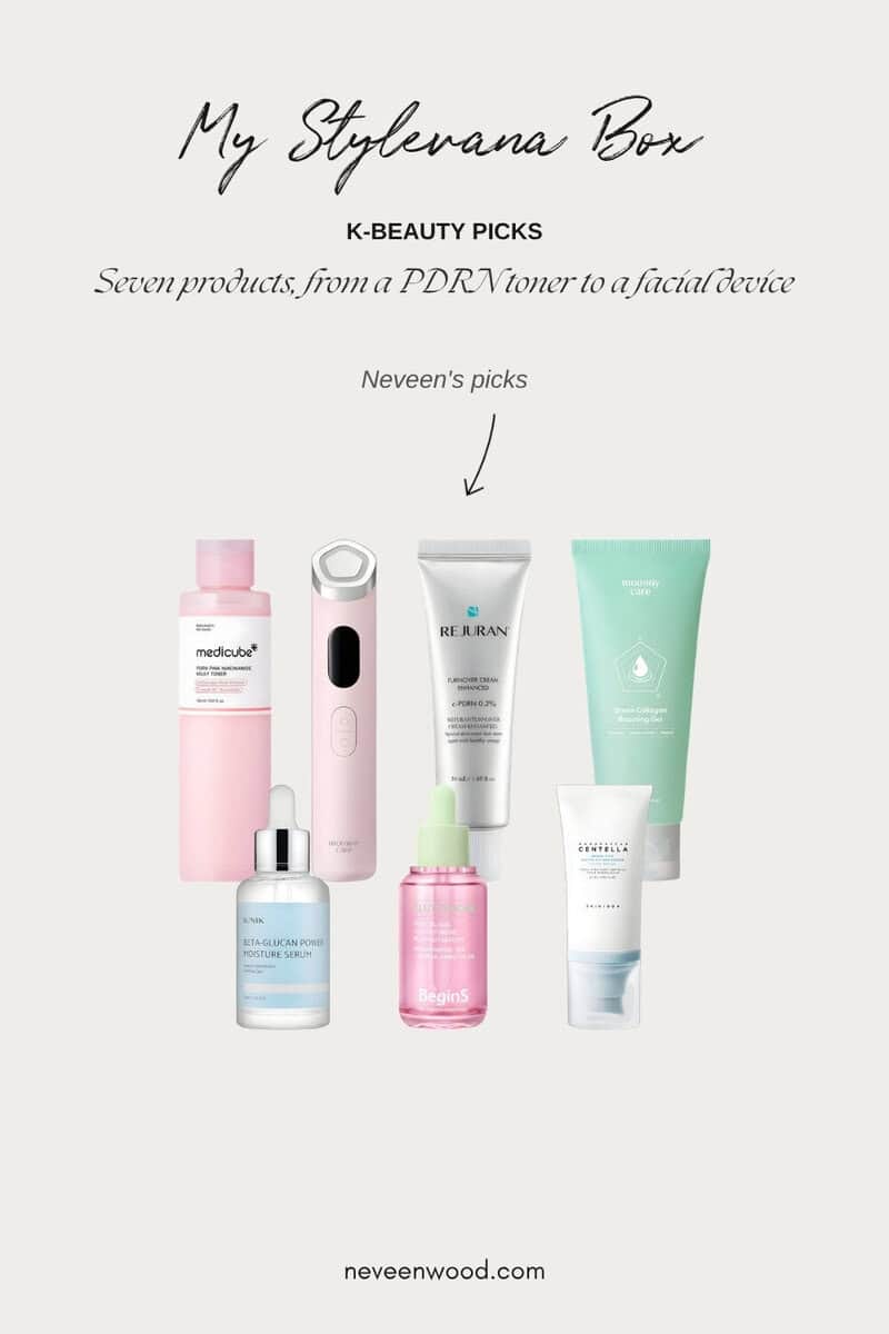 Seven K-beauty products from my STYLEVANA box: Medicube PDRN Pink Niacinamide Milky Toner, mommy care Penta Prime, Rejuran Turnover Cream Enhanced, mommy care Green Collagen Boosting Gel, iUNIK Beta Glucan Power Moisture Serum, BeginS Pink Guava Glutathione Blemish Serum and SKIN1004 Hyalu-Cica Water-Fit Sun Serum