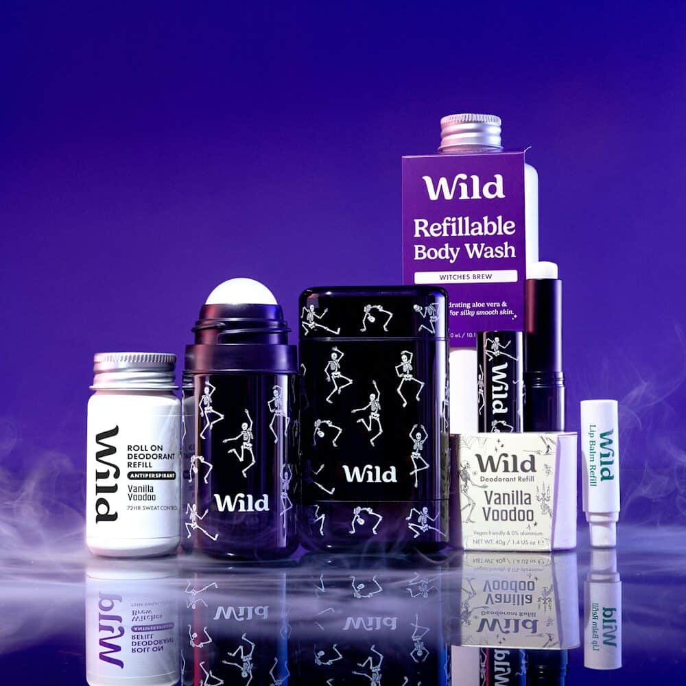Wild Halloween 2026 collection: Dancing Skeletons stick deodorant, lip balm and roll on cases with refills and body wash