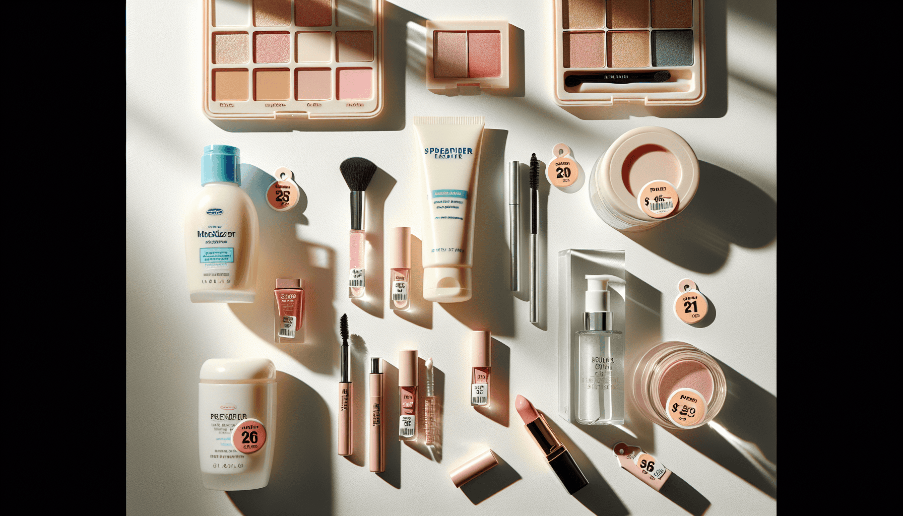 Affordable beauty products under twenty dollars including skincare and makeup on clean white surface