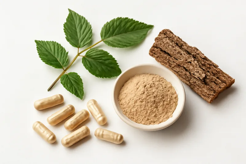 Slippery elm bark powder in wooden bowl with natural herbal medicine elements