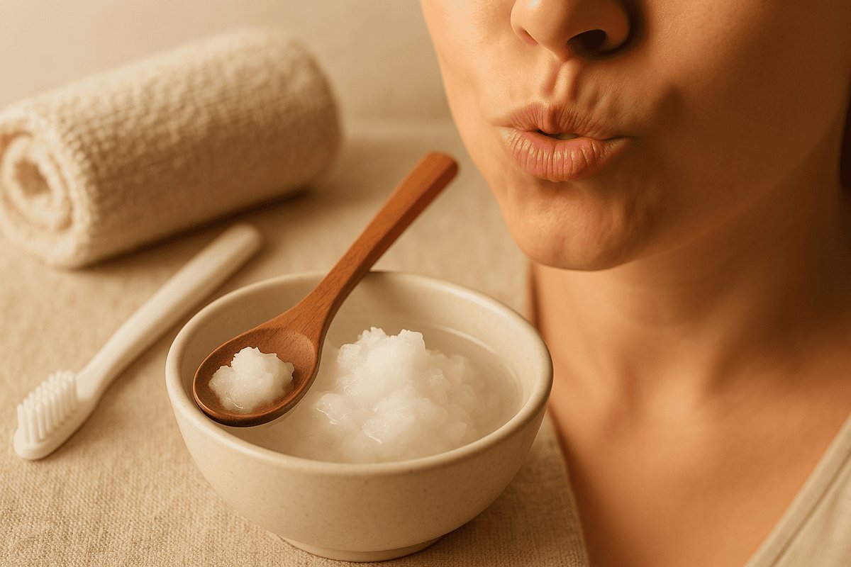 Small bowl of coconut oil with spoon for oil pulling as an oral-care practice.
