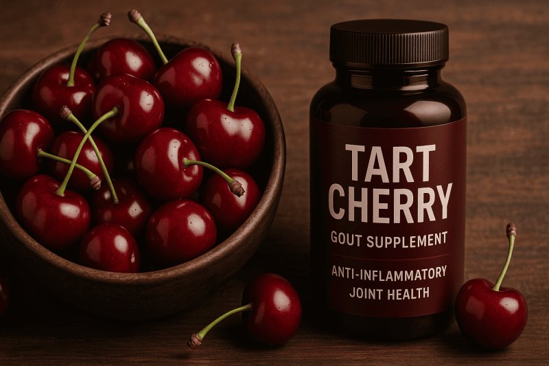 Tart cherry concentrate bottle and Montmorency cherries next to a runner stretching after exercise for recovery