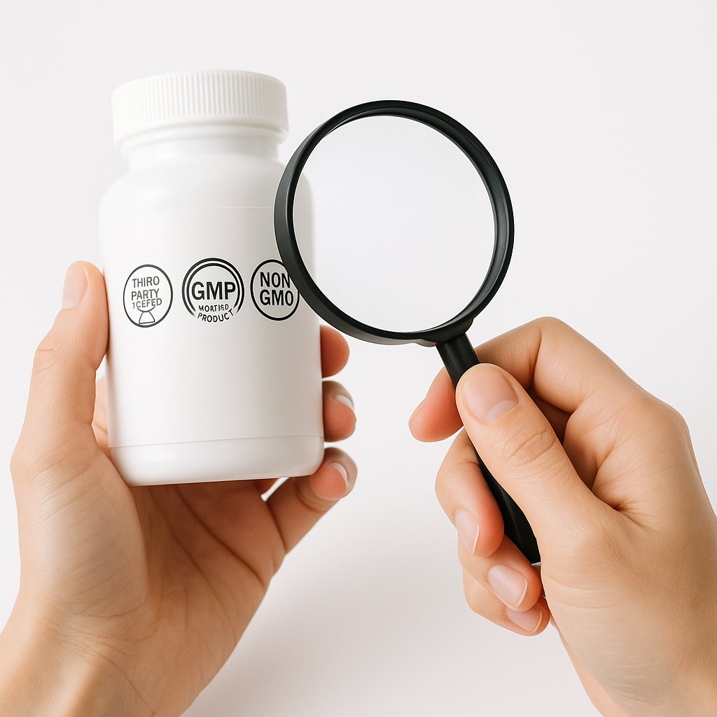 Person examining supplement bottle label with magnifying glass to check third-party testing certifications