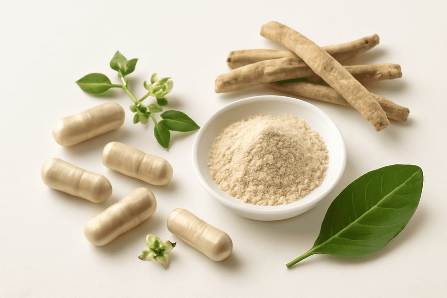 White bowl of beige powder surrounded by capsules, herb stems, and a green leaf.