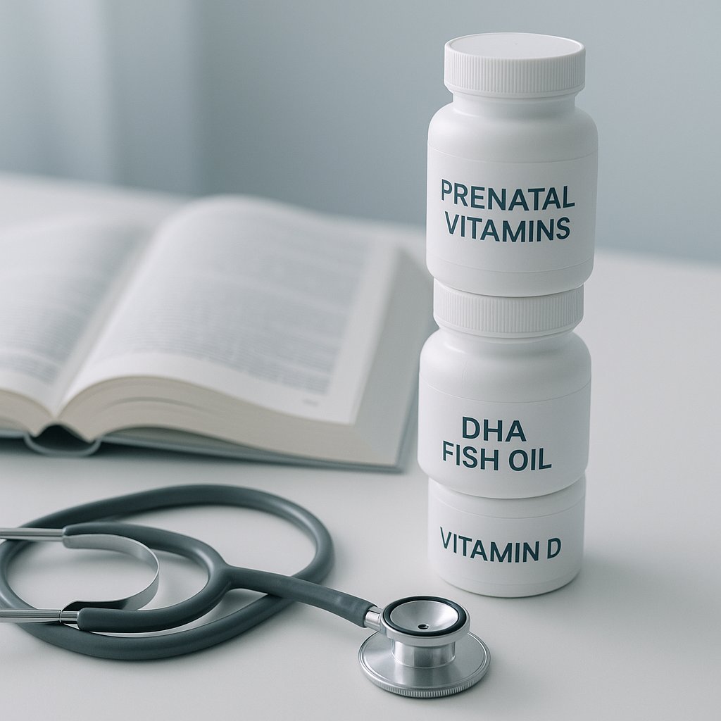 Prenatal supplement bottles and medical reference book representing evidence-based pregnancy supplement guidance