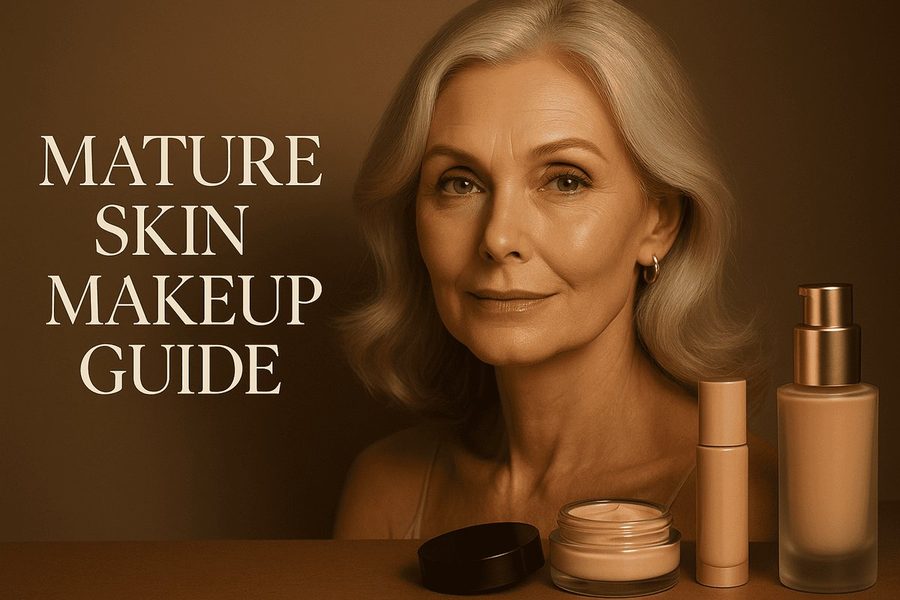 Close-up of a mature woman with neutral makeup beside foundation bottles and jars.