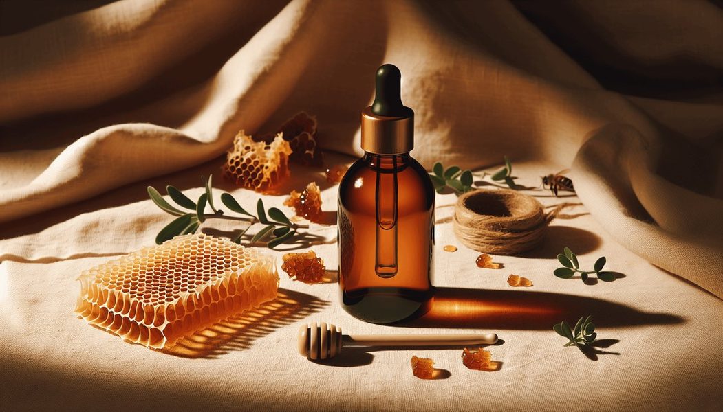Propolis amber serum bottle with honeycomb and bee imagery for acne-prone skincare