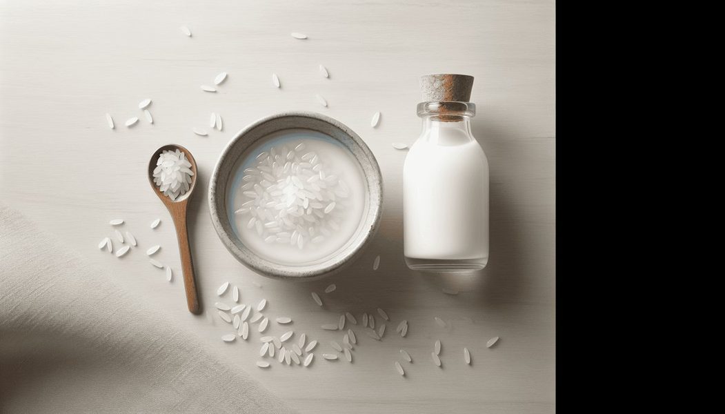 Bowl of rice water with rice grains and traditional Korean skincare bottle on wooden surface