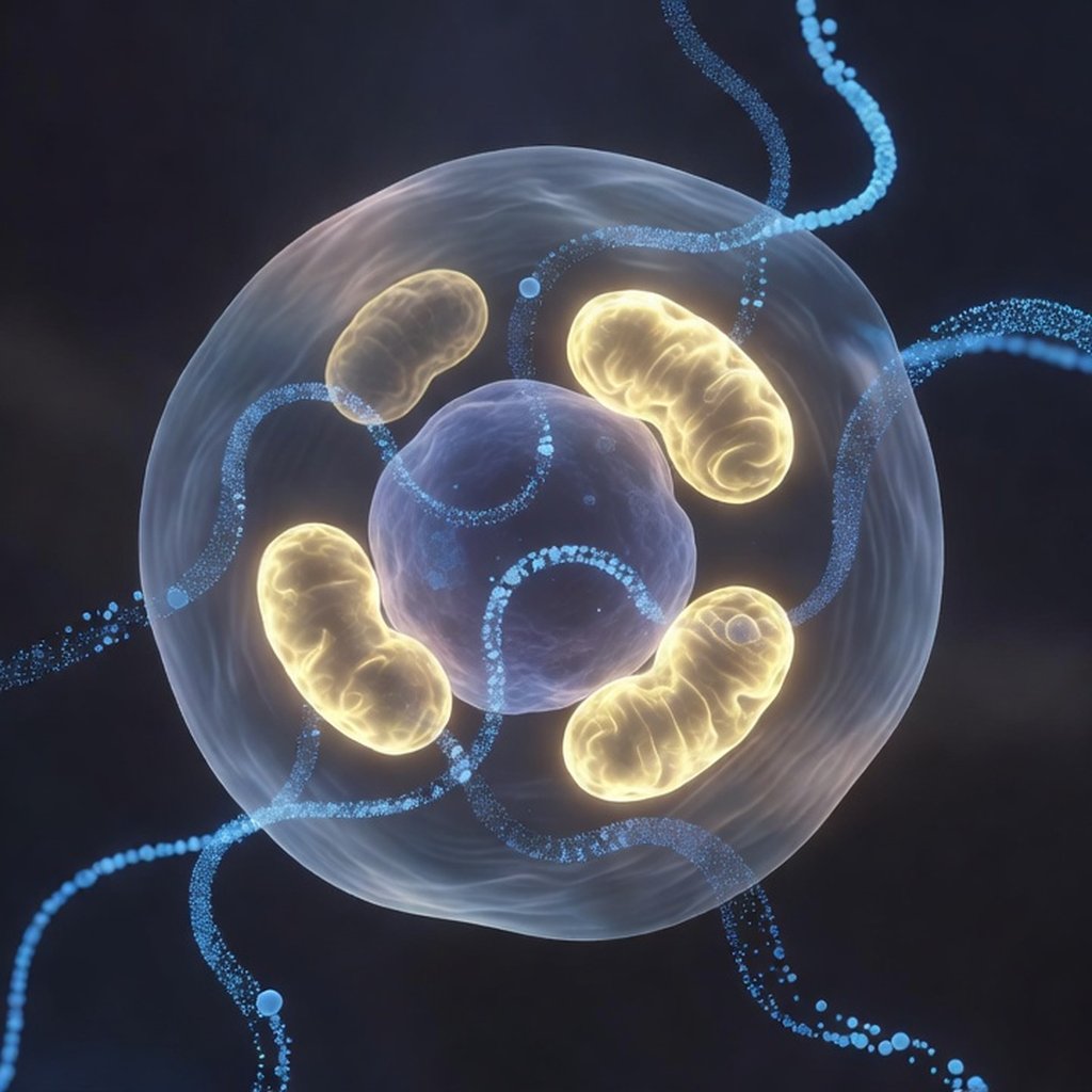 Abstract visualization of mitochondria and NAD+ molecular pathways representing cellular energy metabolism