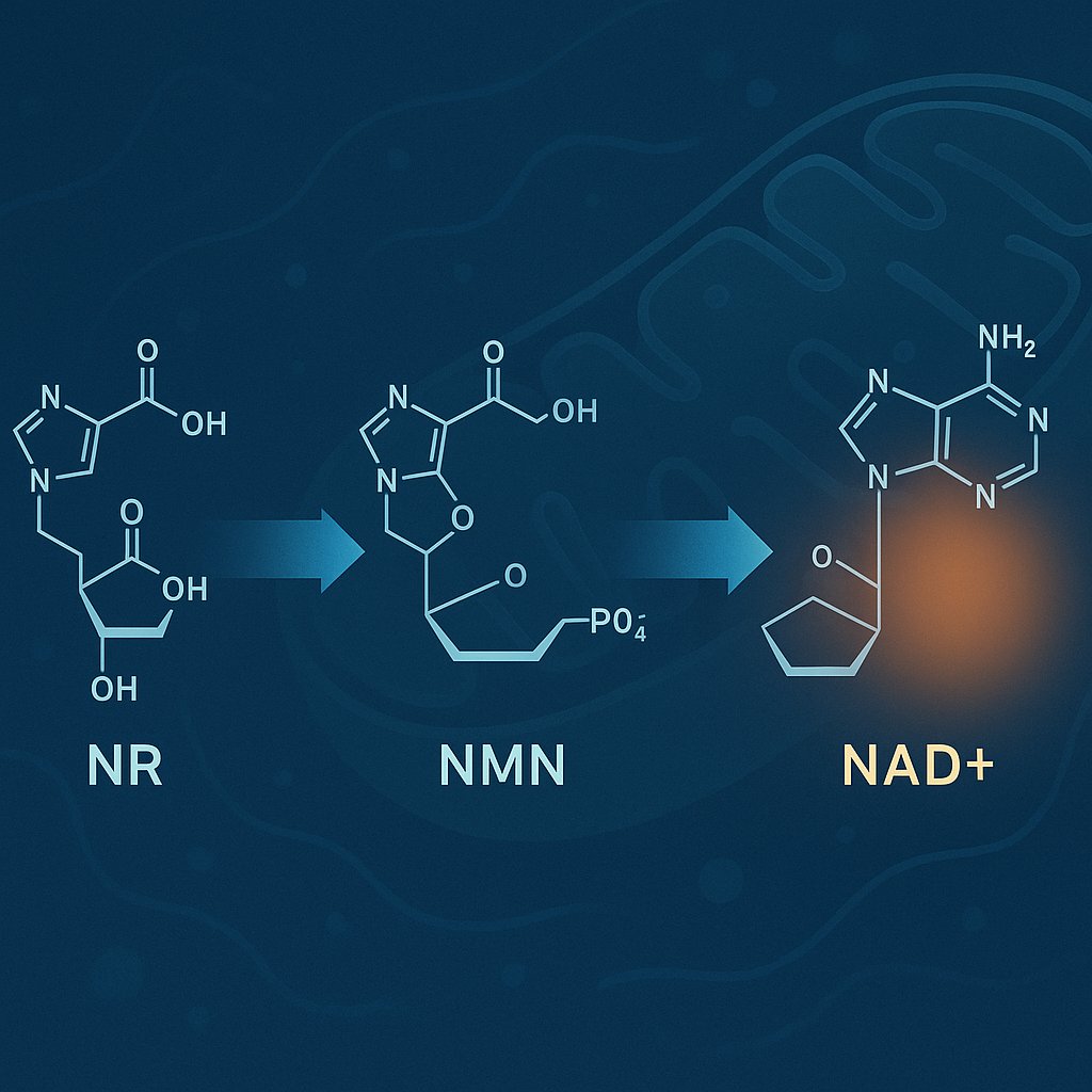 NAD+ salvage pathway diagram showing nicotinamide riboside converting to NMN then NAD+