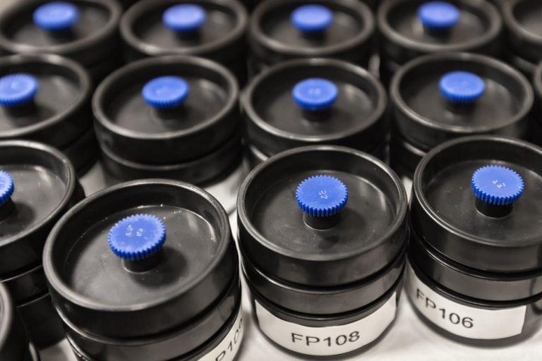 Labeled laboratory sample containers ready for collection