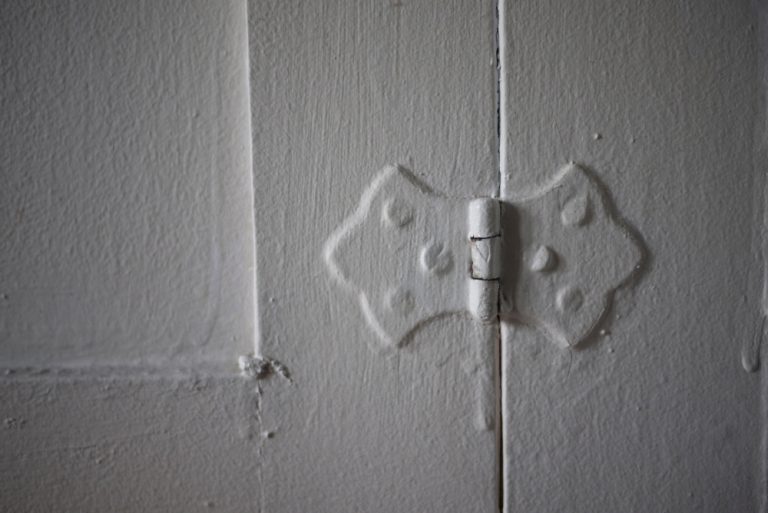 A close-up of an old, weathered hinge on a painted wooden door.