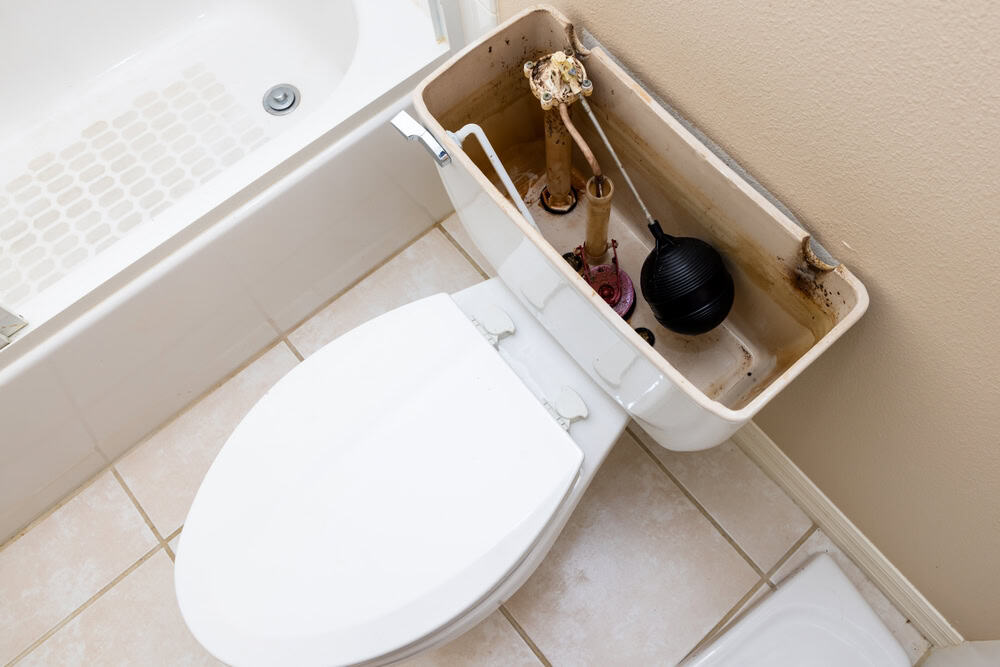 A toilet with its tank lid removed, revealing the inner workings and some cleaning tools inside.