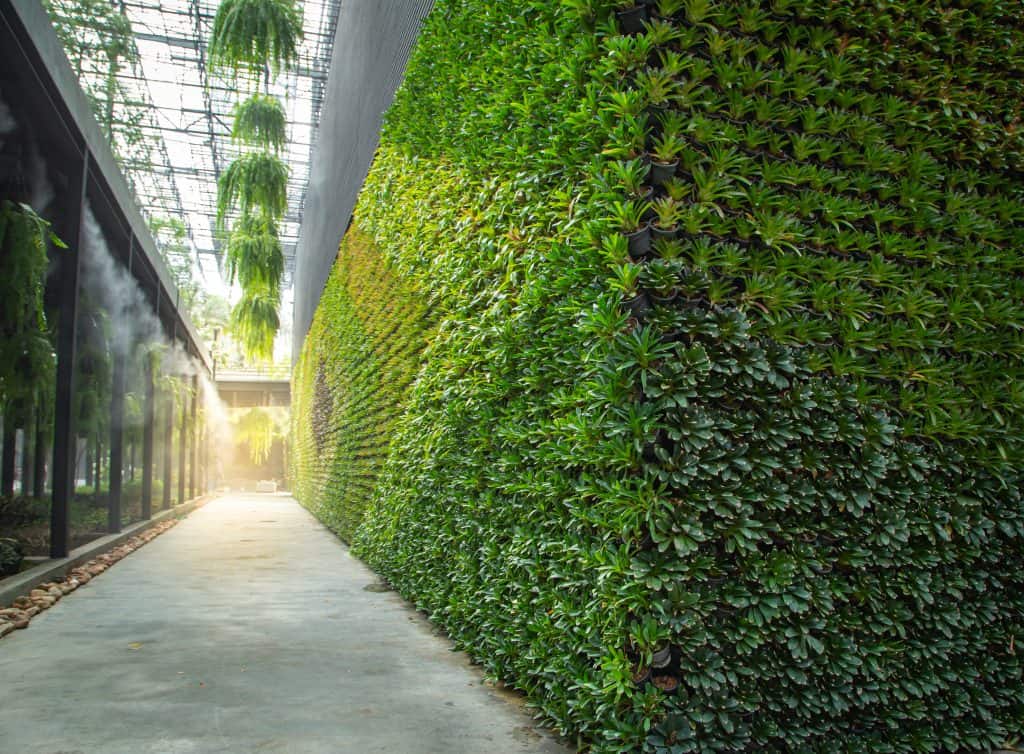 A vibrant indoor vertical garden covering the walls of a modern building corridor, featuring neatly arranged plants and lush greenery. Sunlight streams through the open ceiling, while misting systems contribute to a fresh and humidified atmosphere. Hanging plants and a concrete walkway enhance the natural and serene environment.