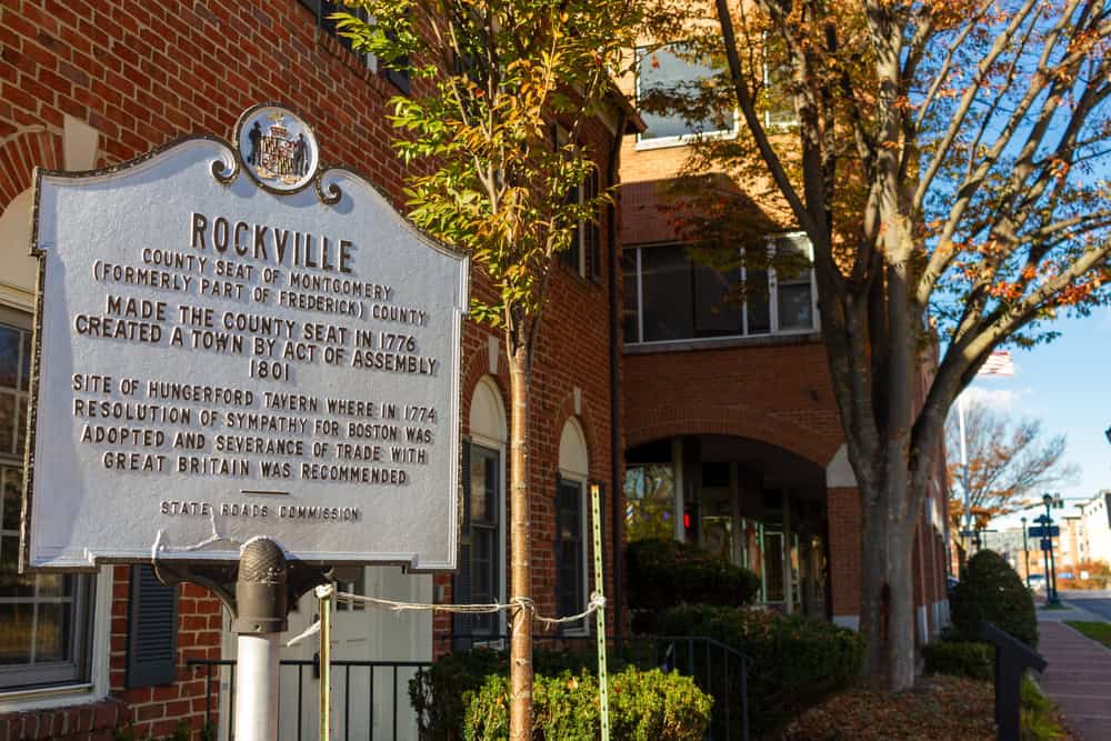 Historical marker in Rockville, Maryland, highlighting its rich past and connection to the Hungerford Tavern.