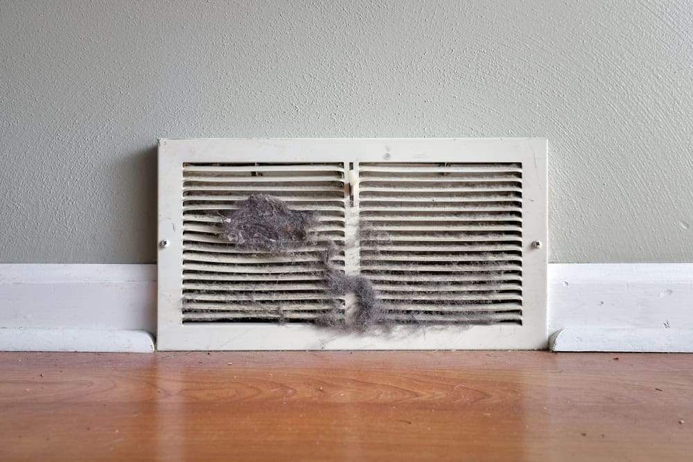 Dust bunnies taking over the air vent in a cozy room.