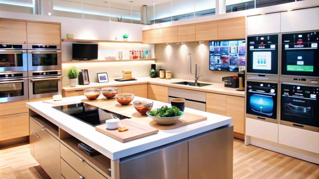 Modern smart kitchen featuring light wood cabinets, integrated touchscreen appliances, and a sleek central island with induction cooktop. Digital displays and under-cabinet lighting create a high-tech cooking environment with clean, minimalist design.