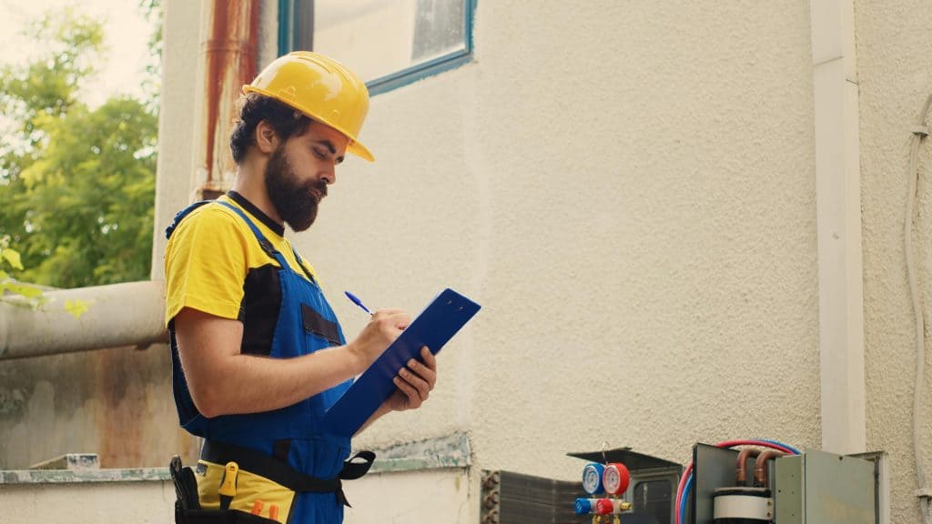 Construction worker in blue overalls and yellow hard hat taking notes during HVAC system inspection