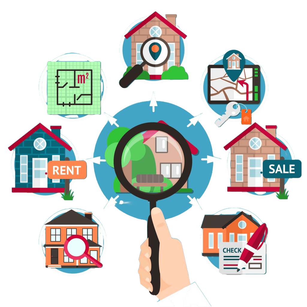 House Hunting Made Simple: A visual guide showing key aspects of property search including floor plans, location mapping, rental and sale listings, property inspection, and documentation - all centered around finding the perfect home.