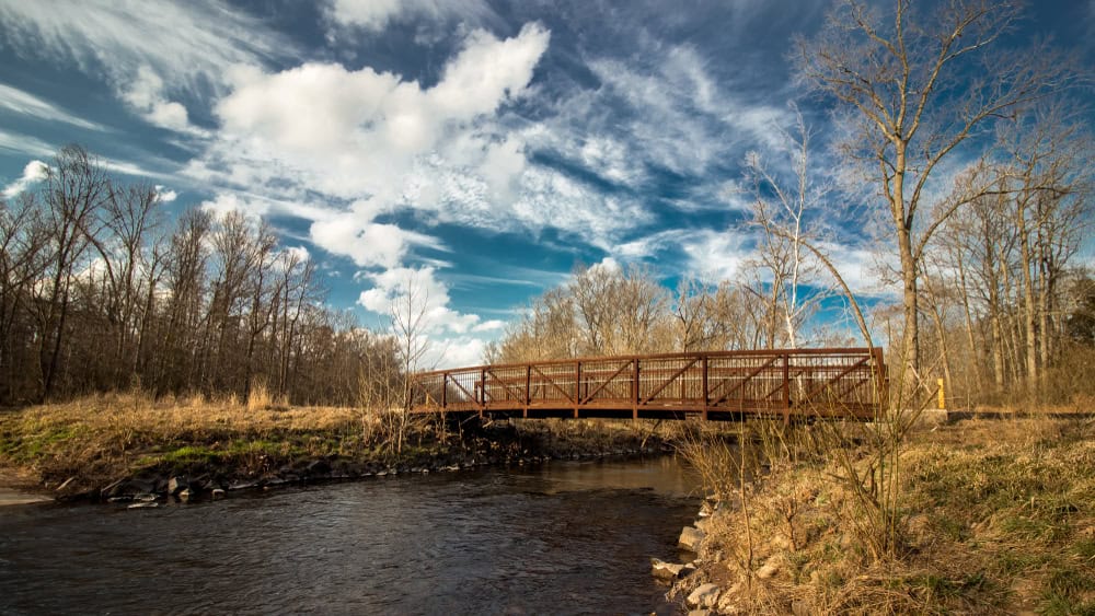 A wooden pedestrian bridge crossing a stream in a bare winter woodland in Fair Oaks, Virginia.