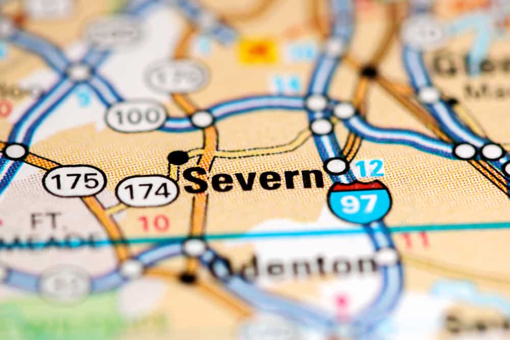 Severn, Maryland marked on a road map