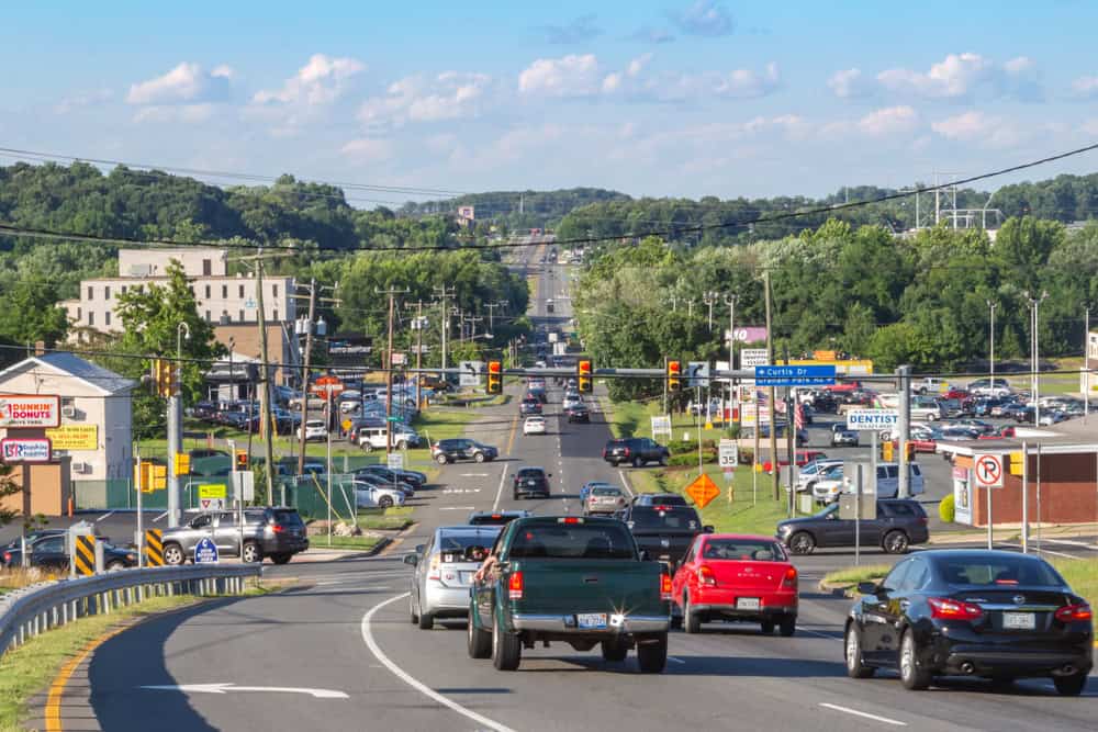 Cars on a curved suburban street