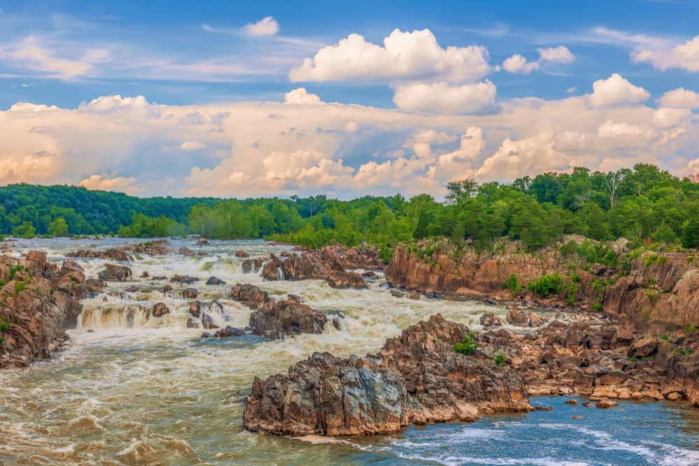 Whitewater rapids over rocky ledges at Great Falls Park near Potomac, Maryland