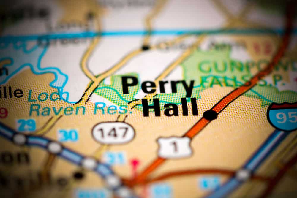 Perry Hall, Maryland marked on a road map