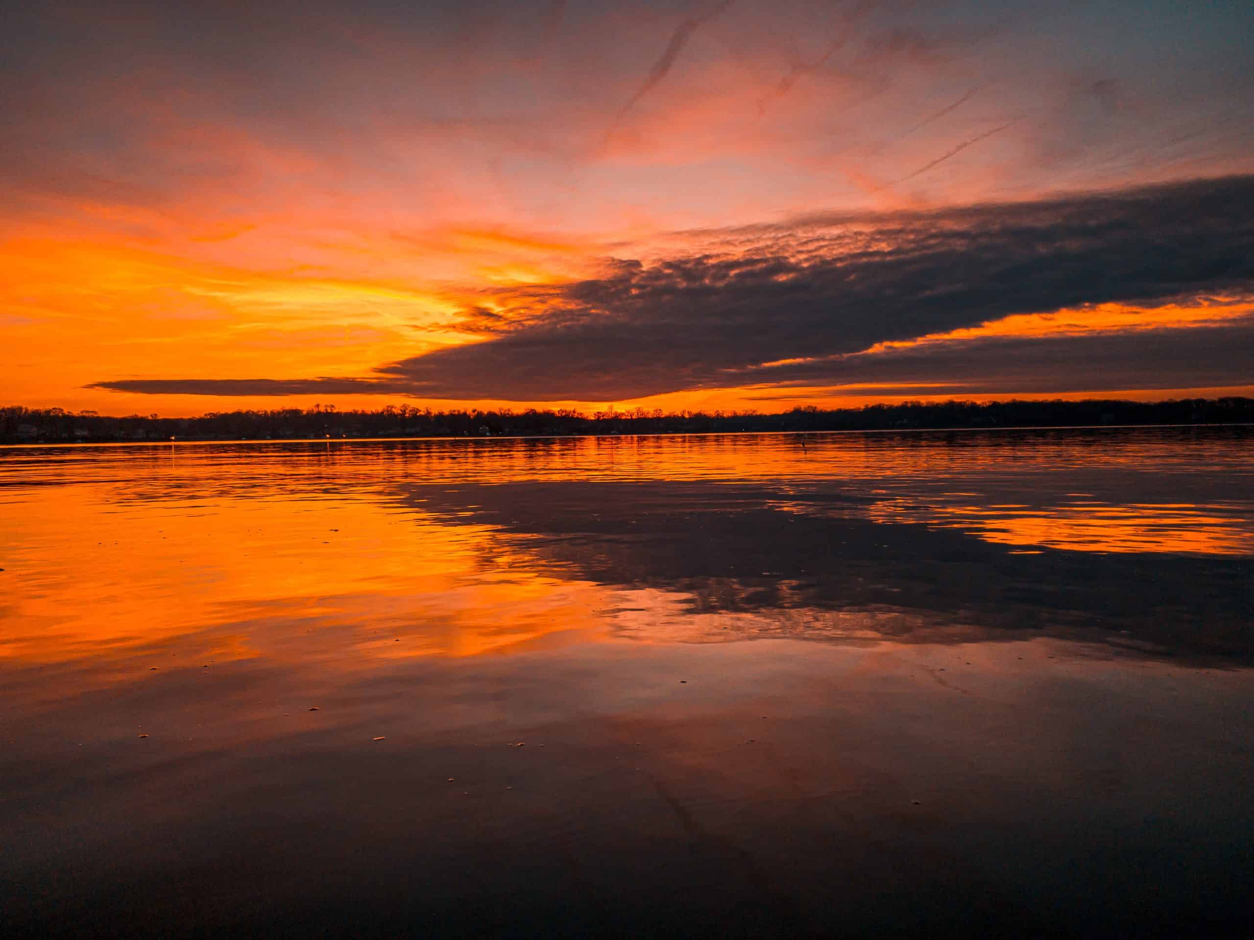Sunset reflected on the water.