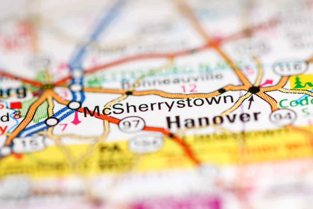 Zoomed-in view of a road map highlighting McSherrystown and Hanover, Pennsylvania.
