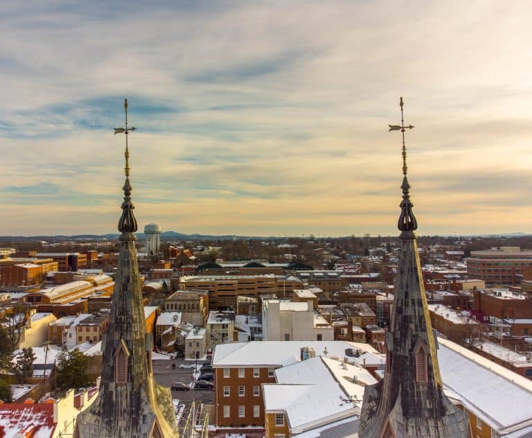 Snow-covered rooftops in Frederick, Maryland