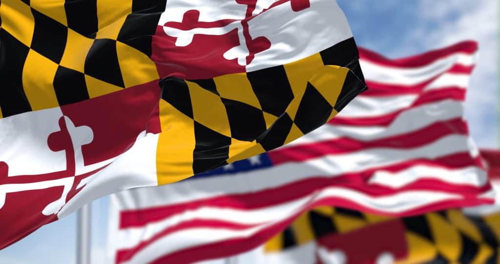 Maryland's black, gold, red and white state flag waving with American flags behind it