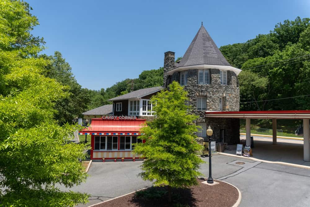 The stone turret and Candy Corner building at Glen Echo Park in Glen Echo, Maryland