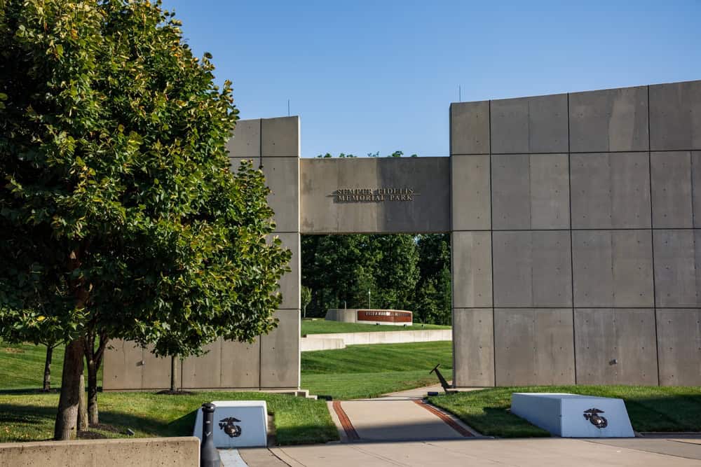 Stone entrance walls at Semper Fidelis Memorial Park.