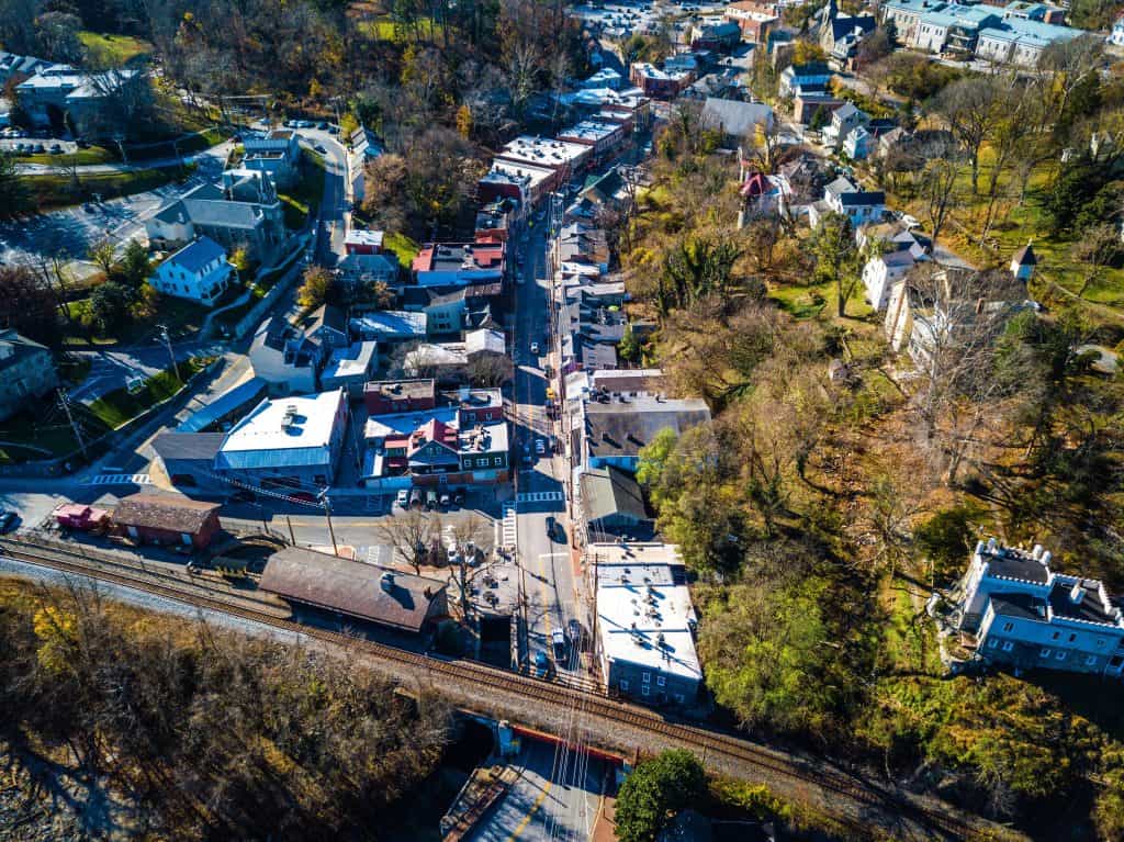 Historic Ellicott City buildings viewed from above