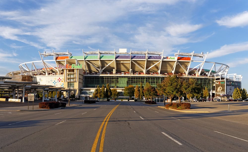 FedEx Field stadium exterior and empty approach road on a clear day in Landover, Maryland