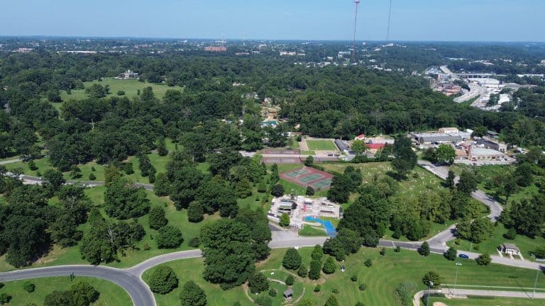 Aerial view of a park with tennis courts in Urbana