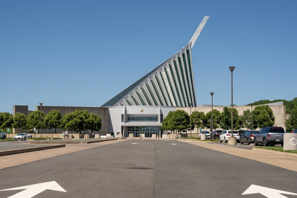 The angular glass and steel National Museum of the Marine Corps building in Triangle, Virginia