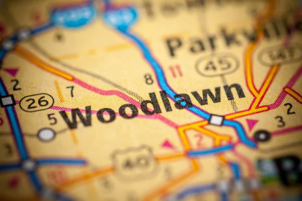 Woodlawn, Maryland marked on a road map