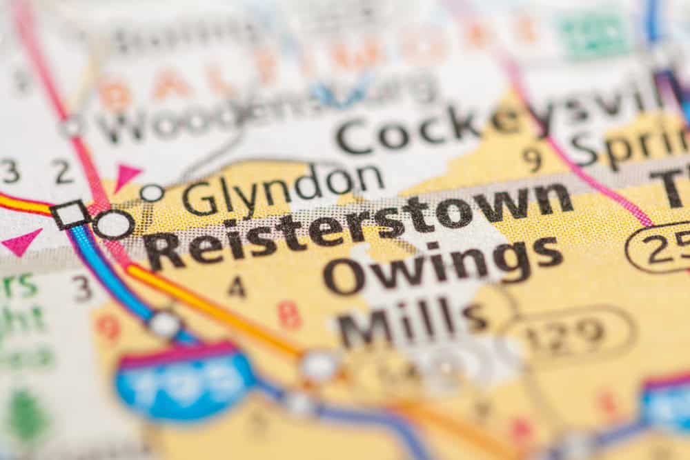Reisterstown, Maryland marked on a road map