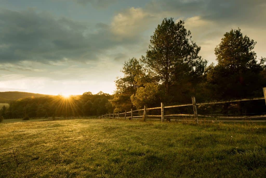 A golden sunset over an open field with a wooden rail fence and trees near Mont Alto, Pennsylvania