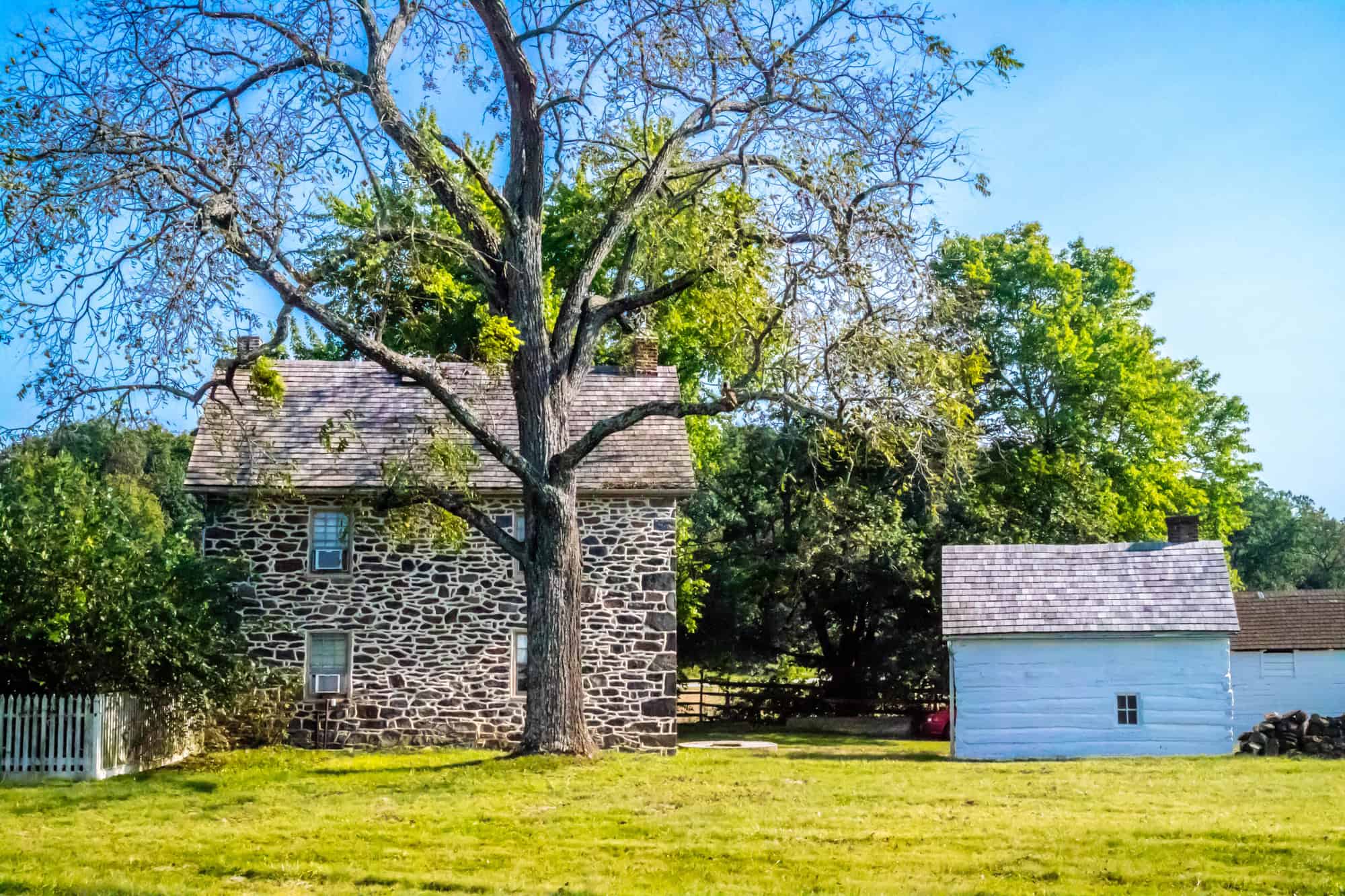 A two story stone house and a small white outbuilding sit under a large shade tree in Aldie, Virginia